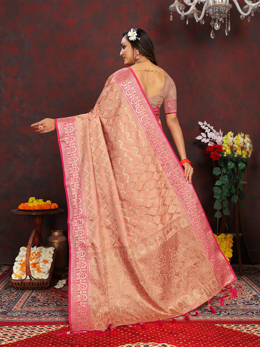 Peach Soft Katan Silk Saree with Rich Zari Weaving Pallu