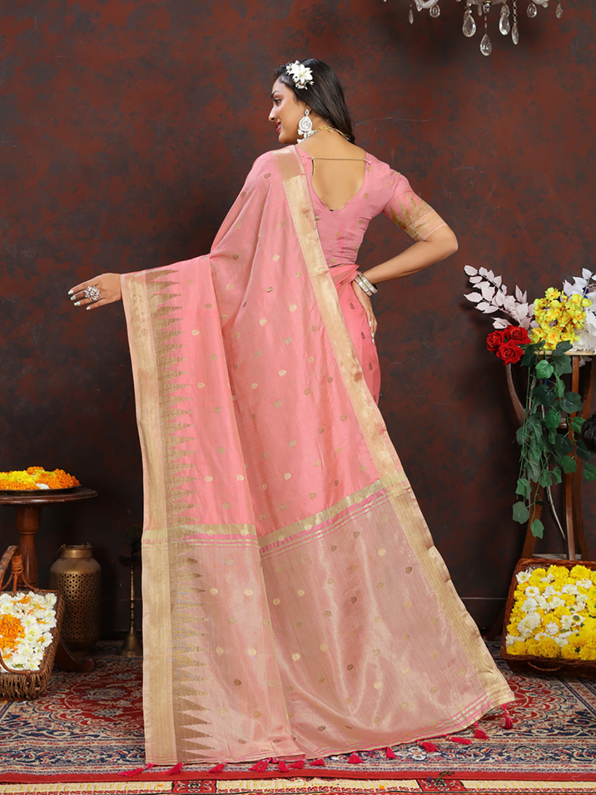 Peach Soft Katan Silk Saree with Traditional Zari Weaving Pallu