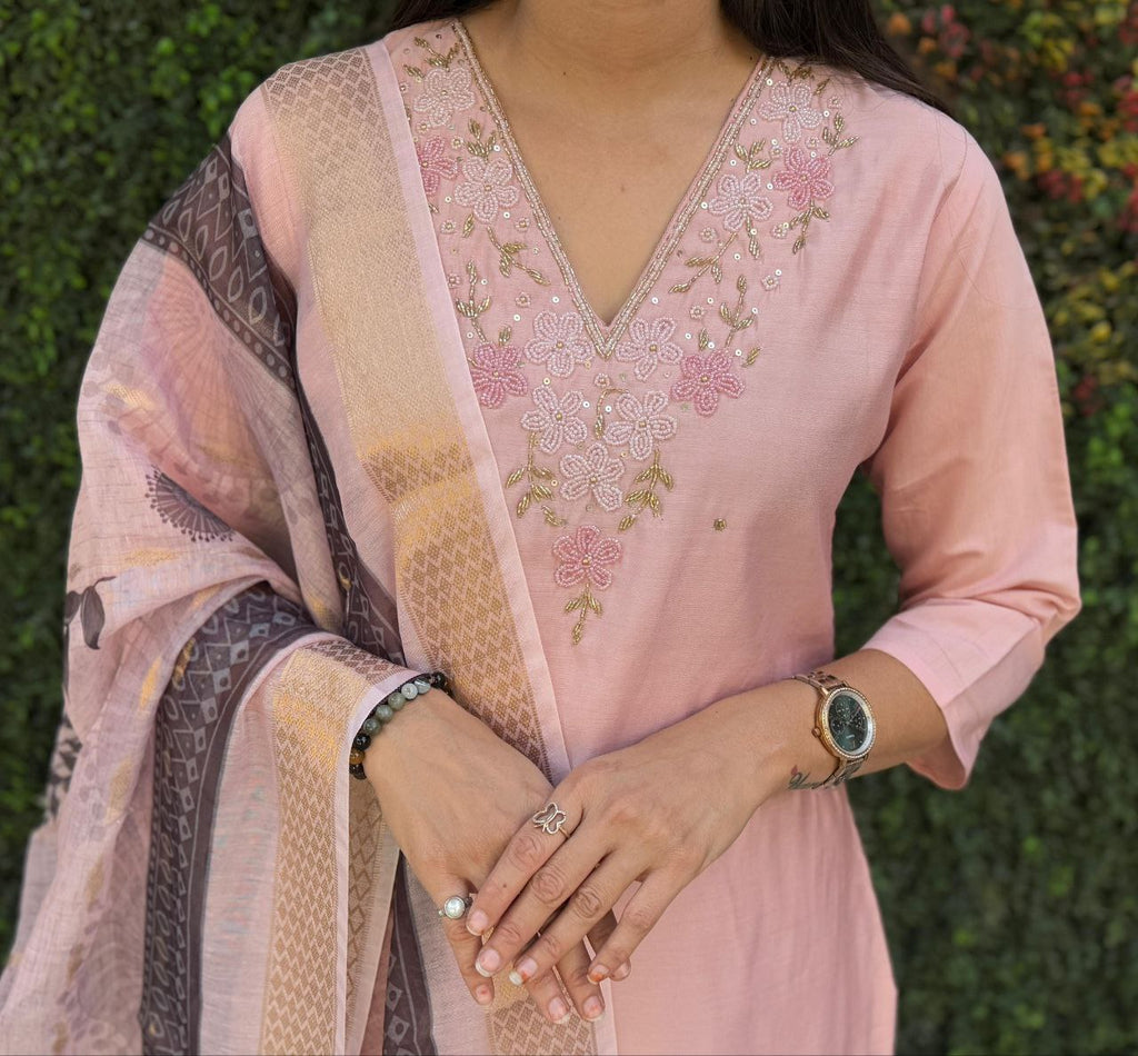 Lorenvalley Fashion Peach Roman Silk Hand Work Kurta Pant with Dupatta