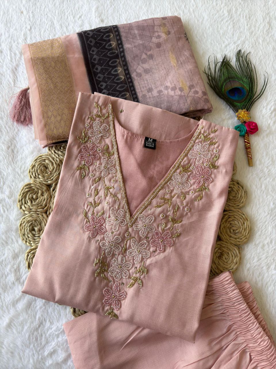 Lorenvalley Fashion Peach Roman Silk Hand Work Kurta Pant with Dupatta