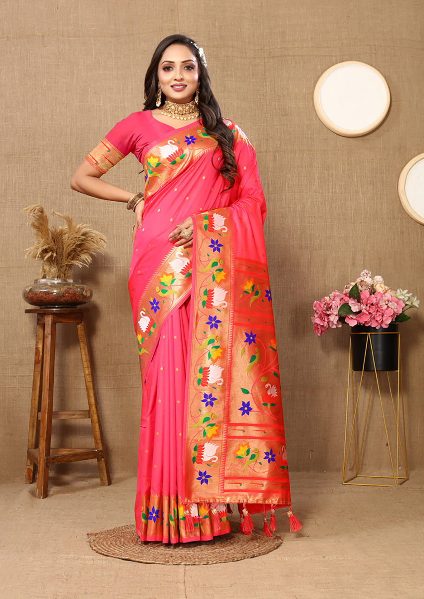 Peach Soft Paithani Silk Saree with rich gold Zari Meenakari weaving