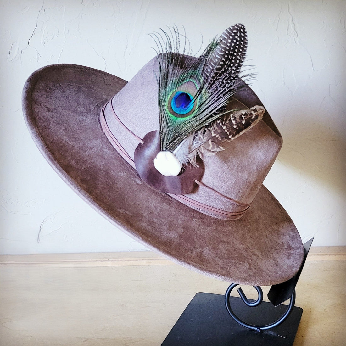 Taupe Boho Western Felt Hat with Feather Accent Band - Image 7