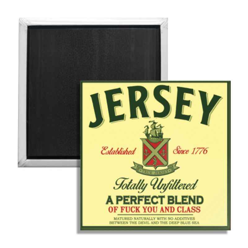 A square 2x2 inch fridge magnet featuring a parody whiskey label design that says A Perfect Blend of F--k You and Class.