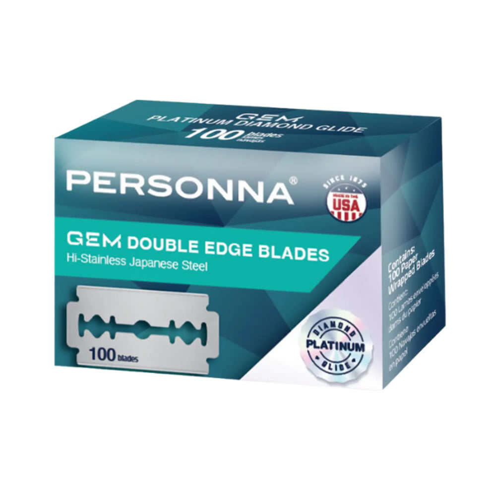 100-pack of Personna GEM Double-Edge professional razor blades made from Japanese stainless steel.