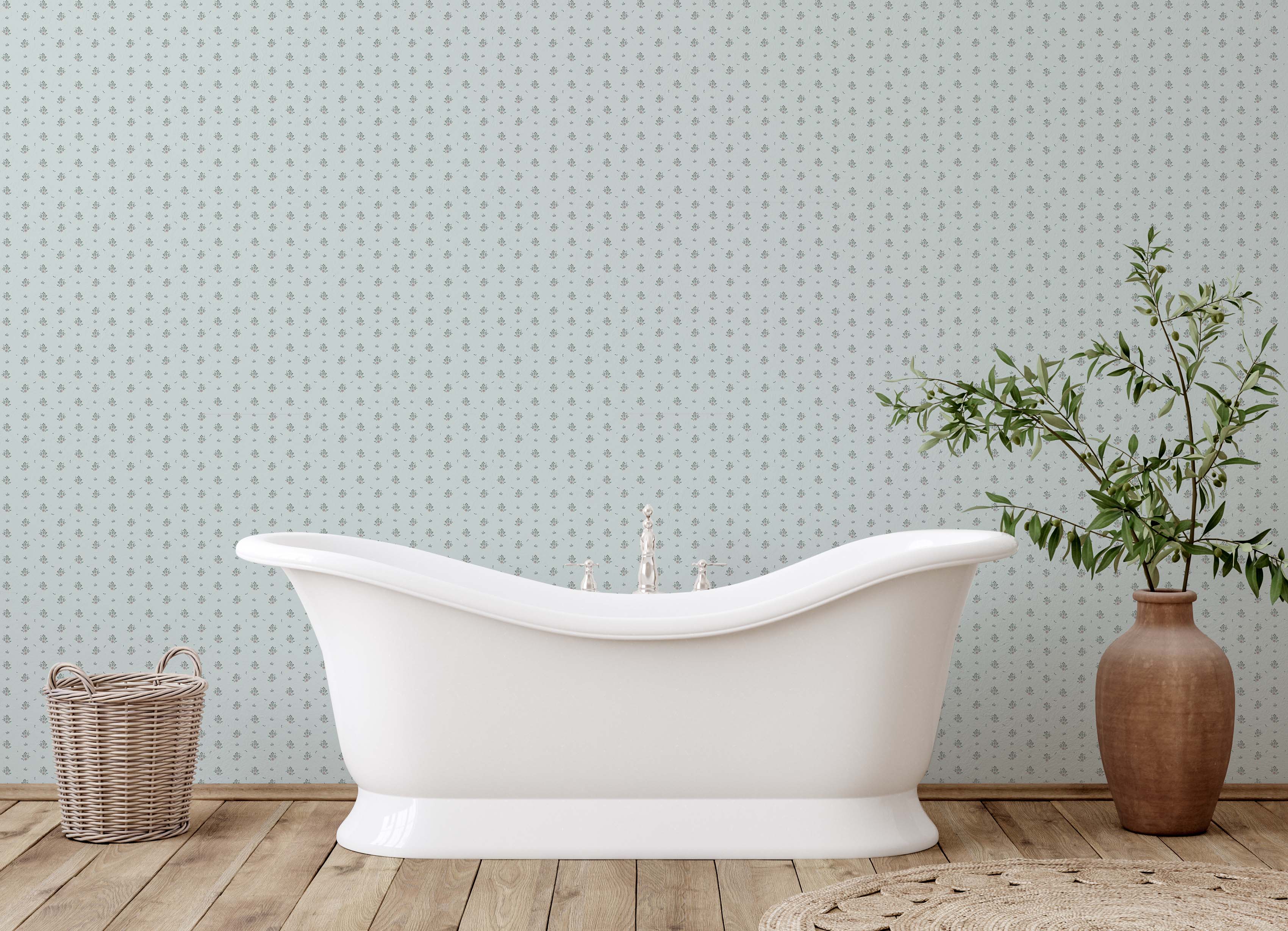 Petunia Floral Wallpaper in Pink, Blue and Cream