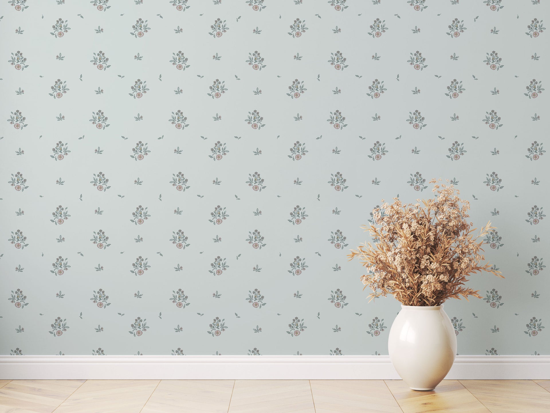 Petunia Floral Wallpaper in Pink, Blue and Cream