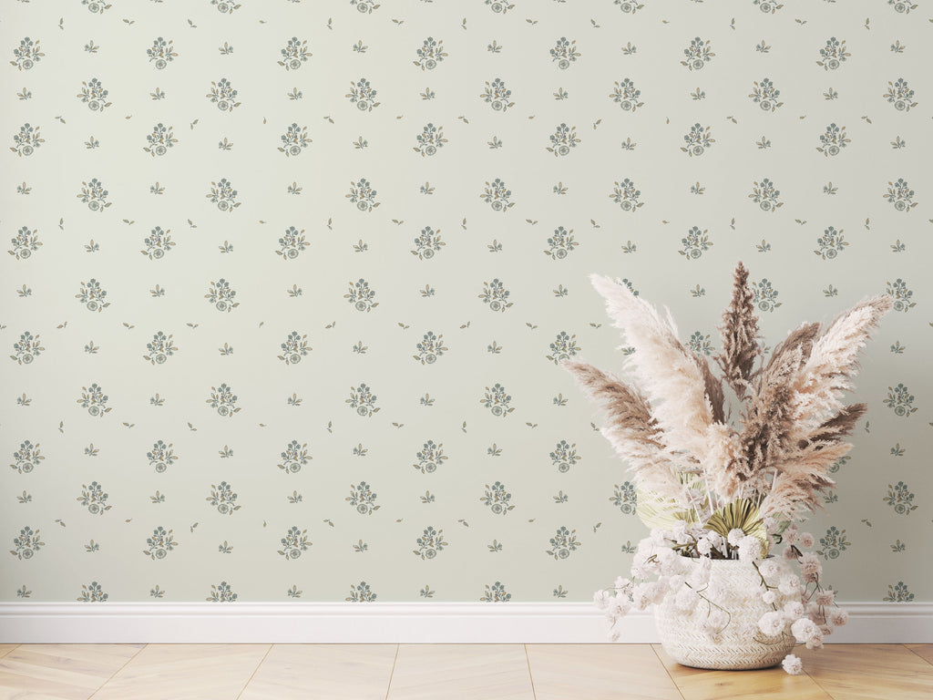 Petunia Floral Wallpaper in Pink, Blue and Cream