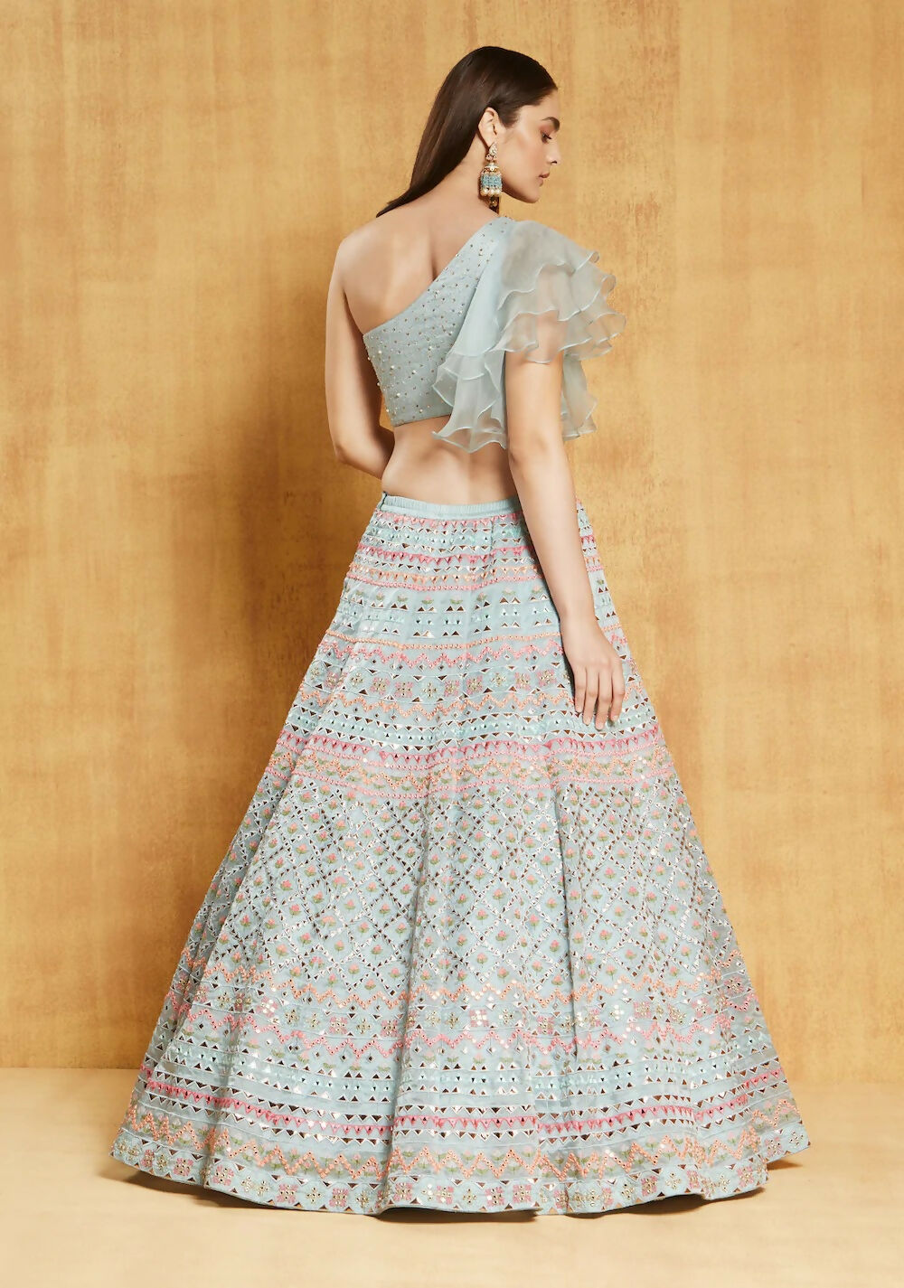 Light Turquoise Organza One-Shoulder Embroidered Bridal Lehenga