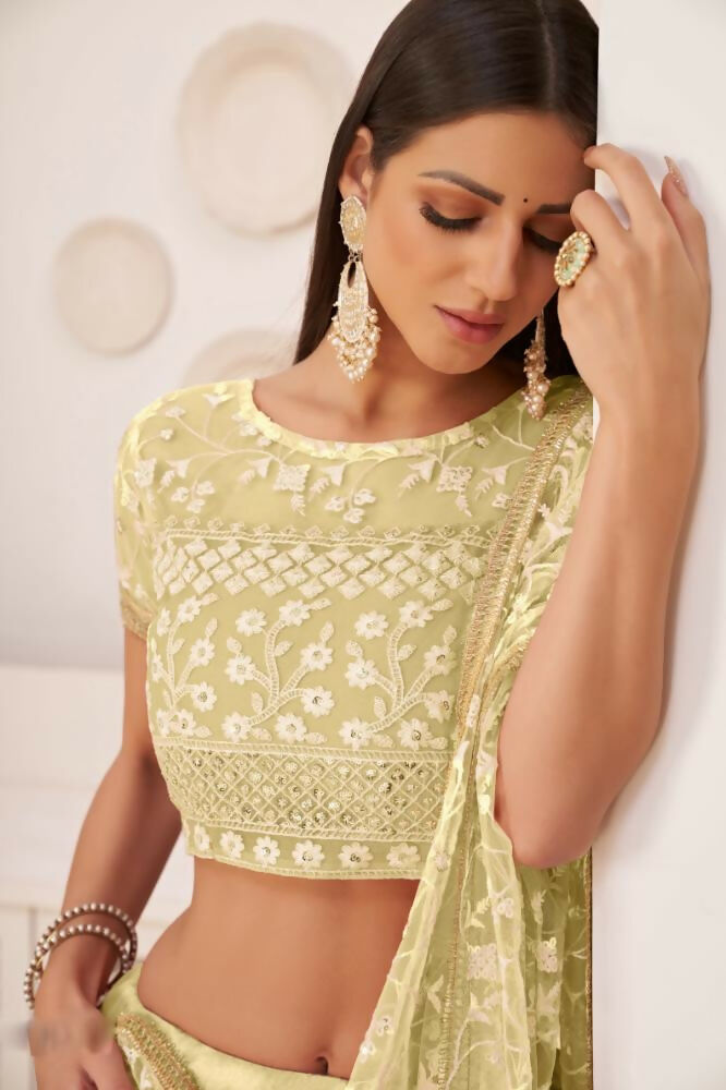 Lemon Yellow Butterfly Net Lehenga with Zari and Sequence Work