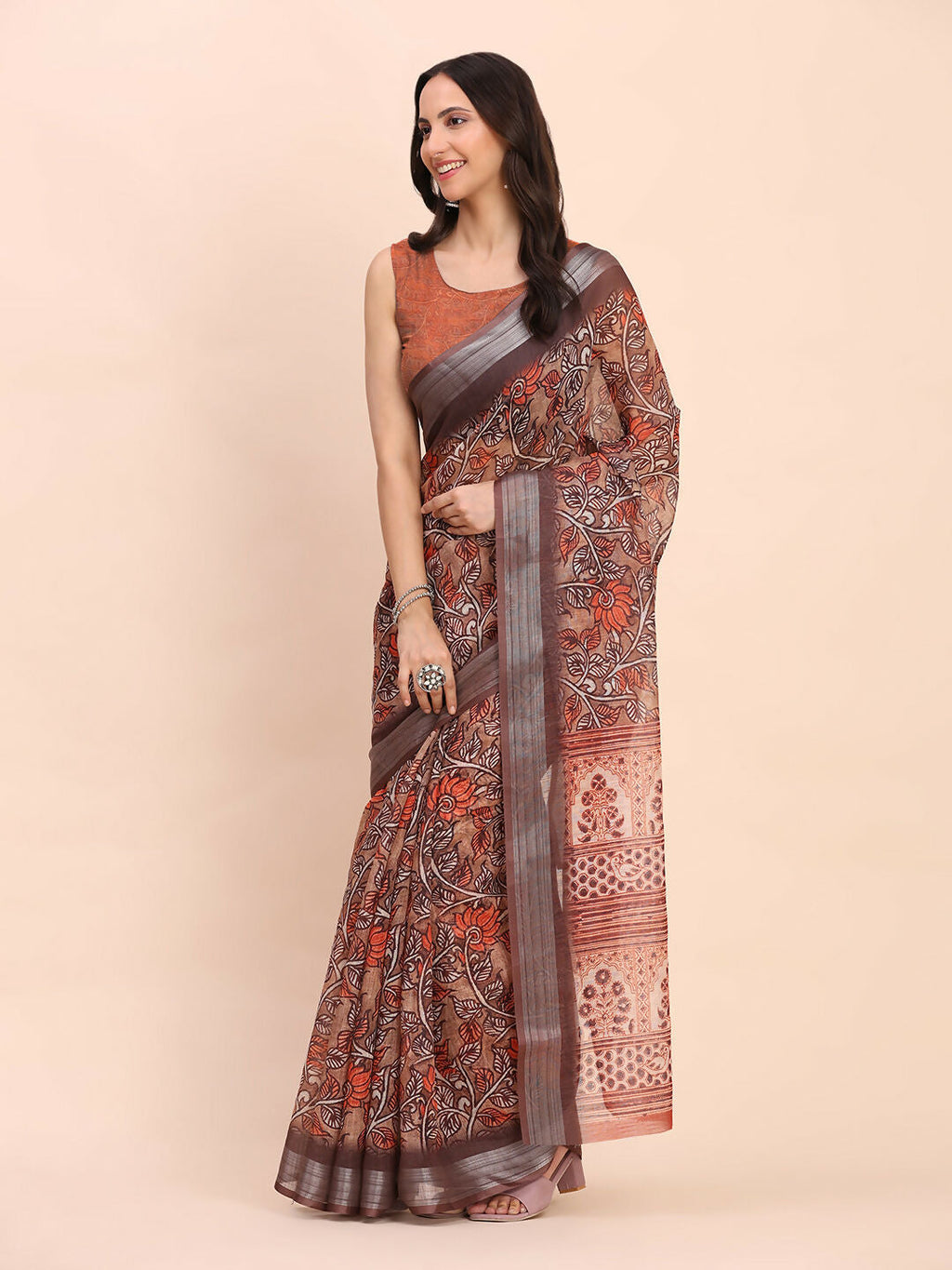 Linen Cotton Brown Saree with Orange Blouse