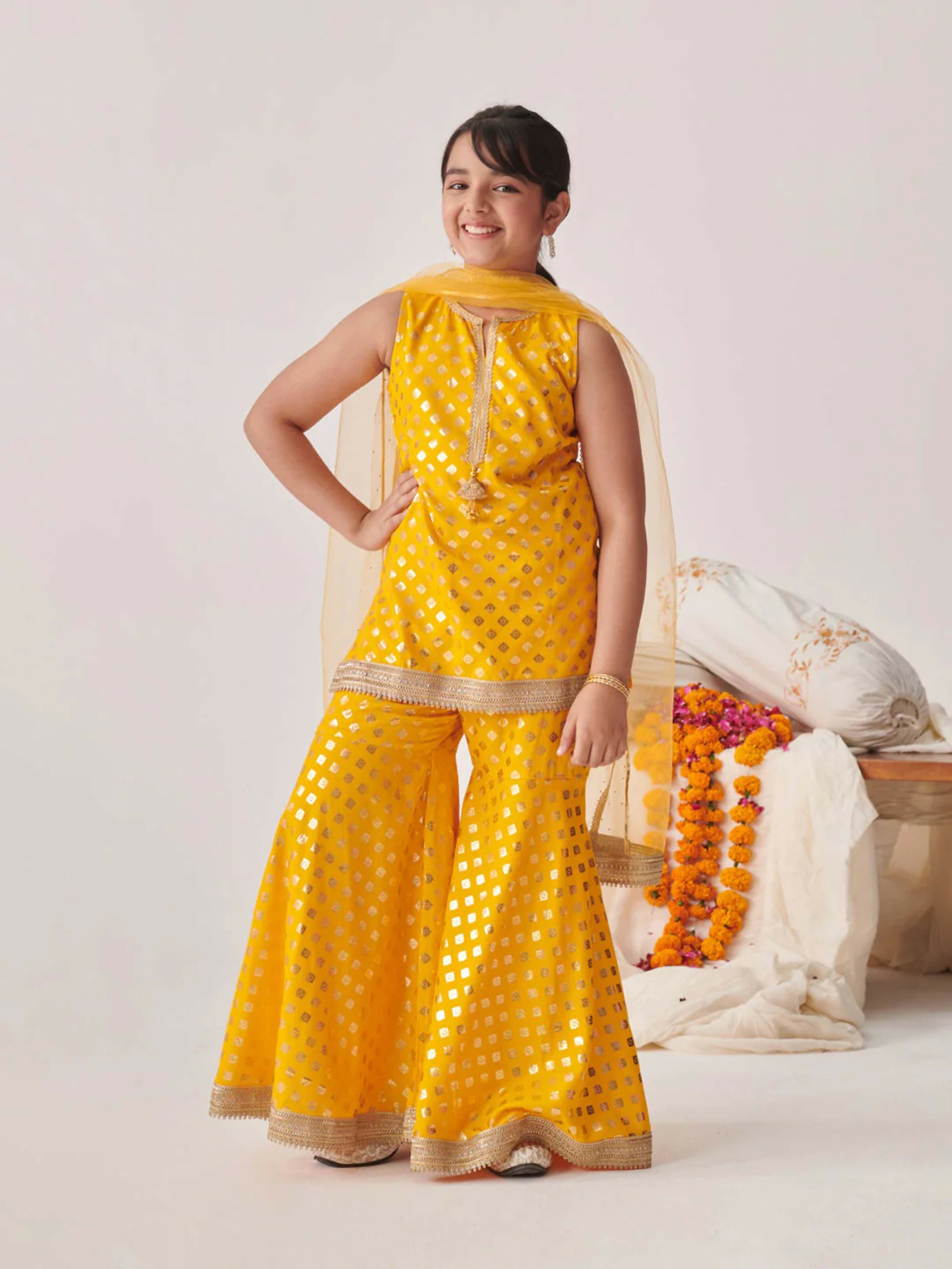 Girl's Yellow Cotton Blend Sharara Set with Art Silk Dupatta