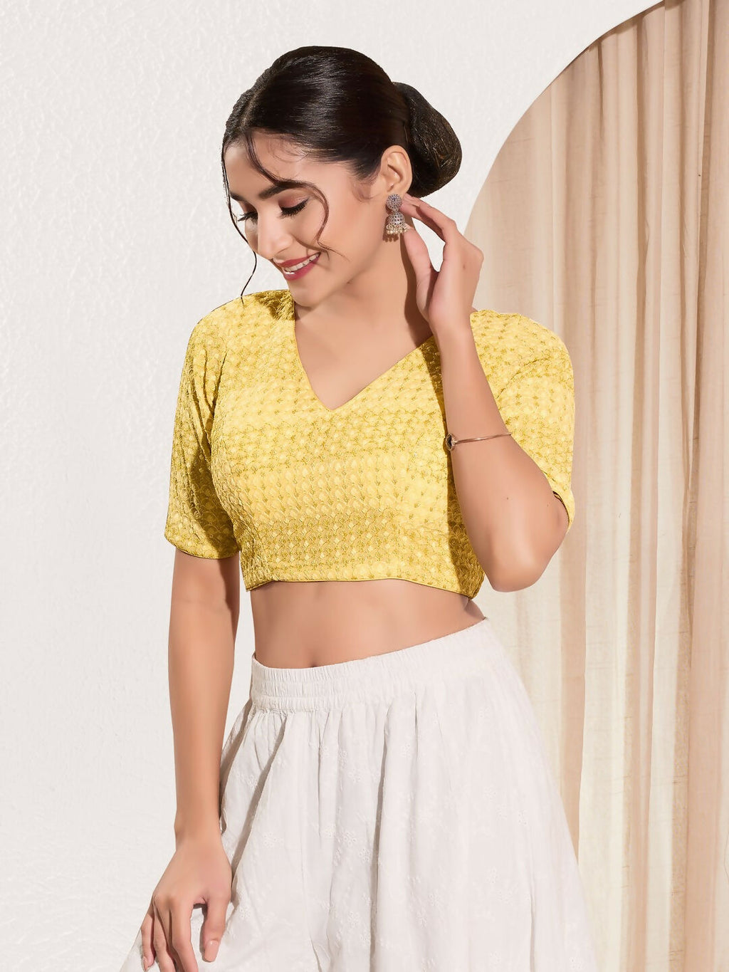 Joban Fashion Yellow Crochet Padded Blouse With V Neck Elbow Sleeves