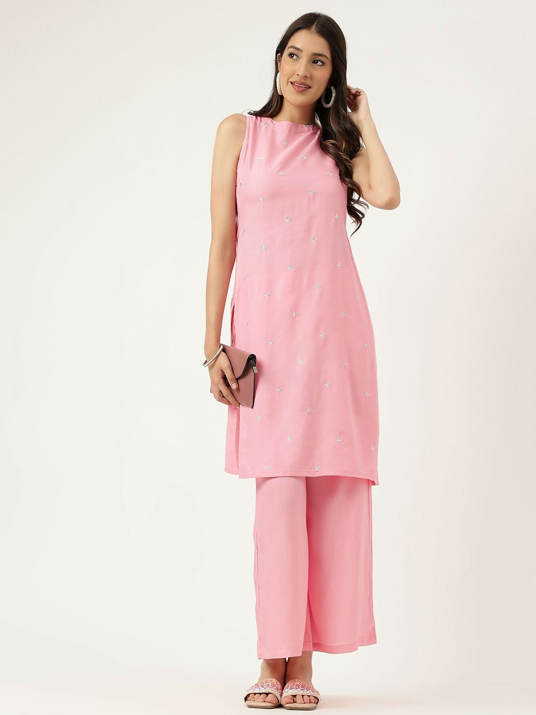 Pink Rayon Straight Kurta and Bottom Set with Embroidery Work