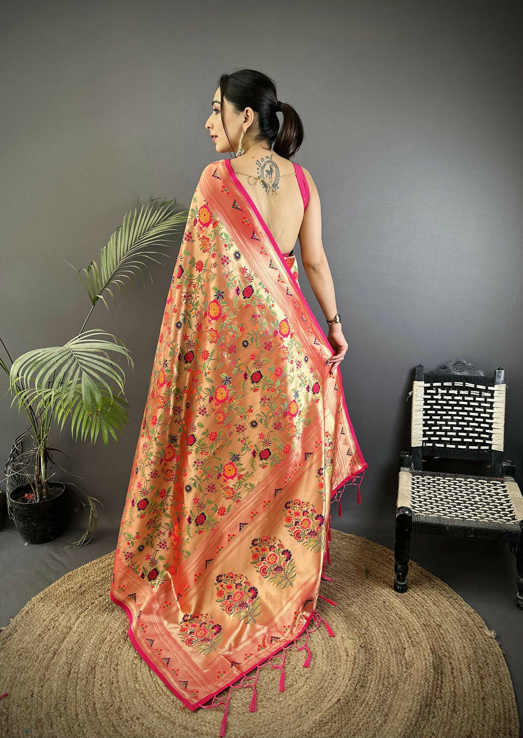 Peach Floral and Leaf Motif Soft Silk Paithani Saree