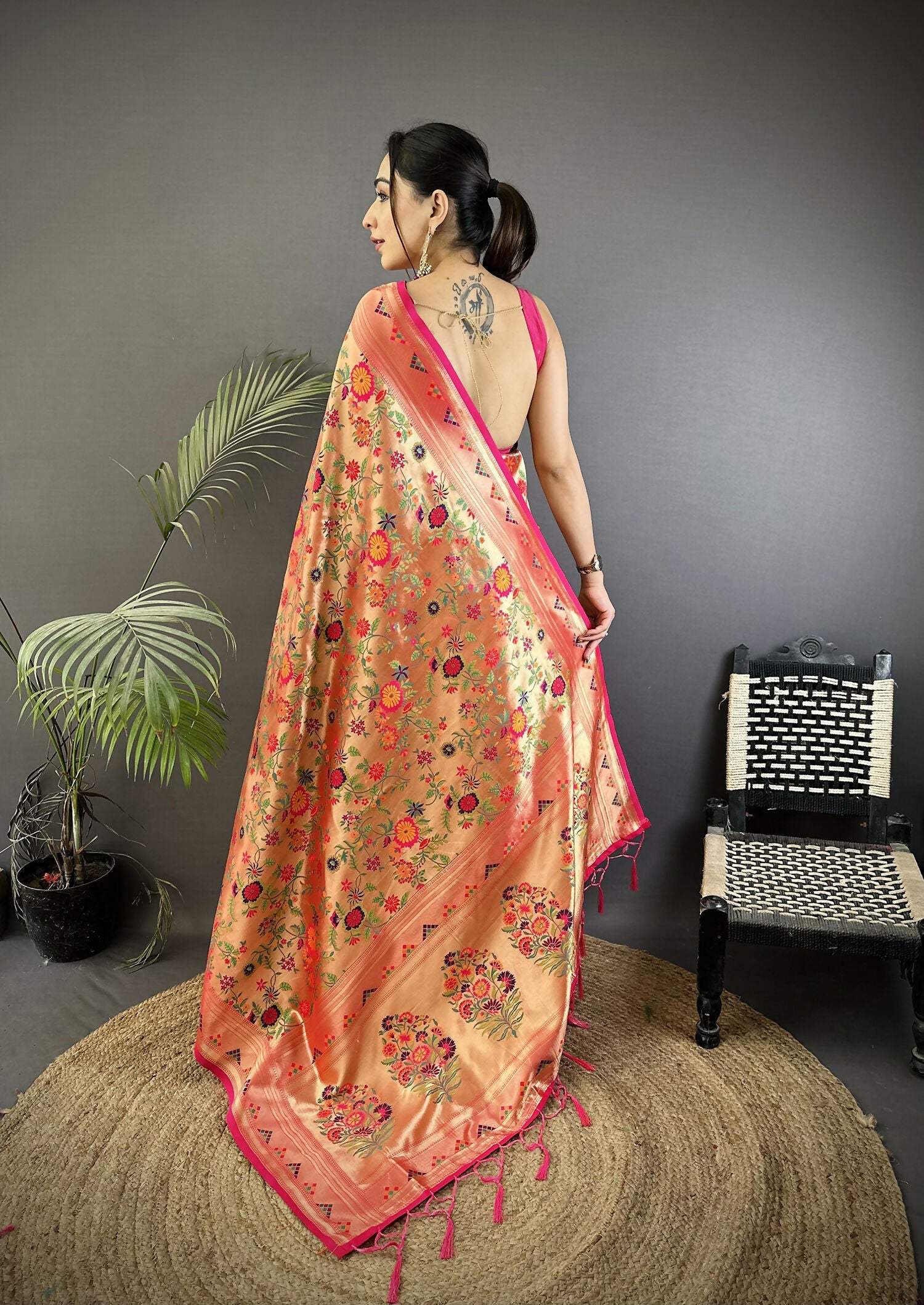Peach Floral and Leaf Motif Soft Silk Paithani Saree