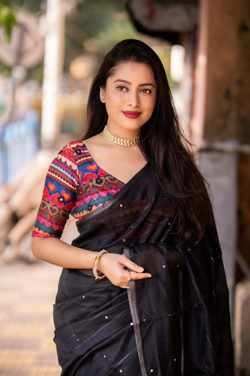 Black Pure Linen Saree with Aari Mirror Work and Jute Silk