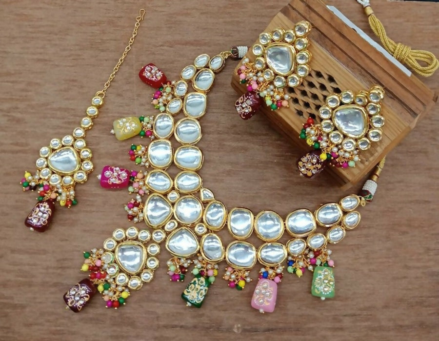 Multicolor Kundan stone necklace set with high-quality gold plating.