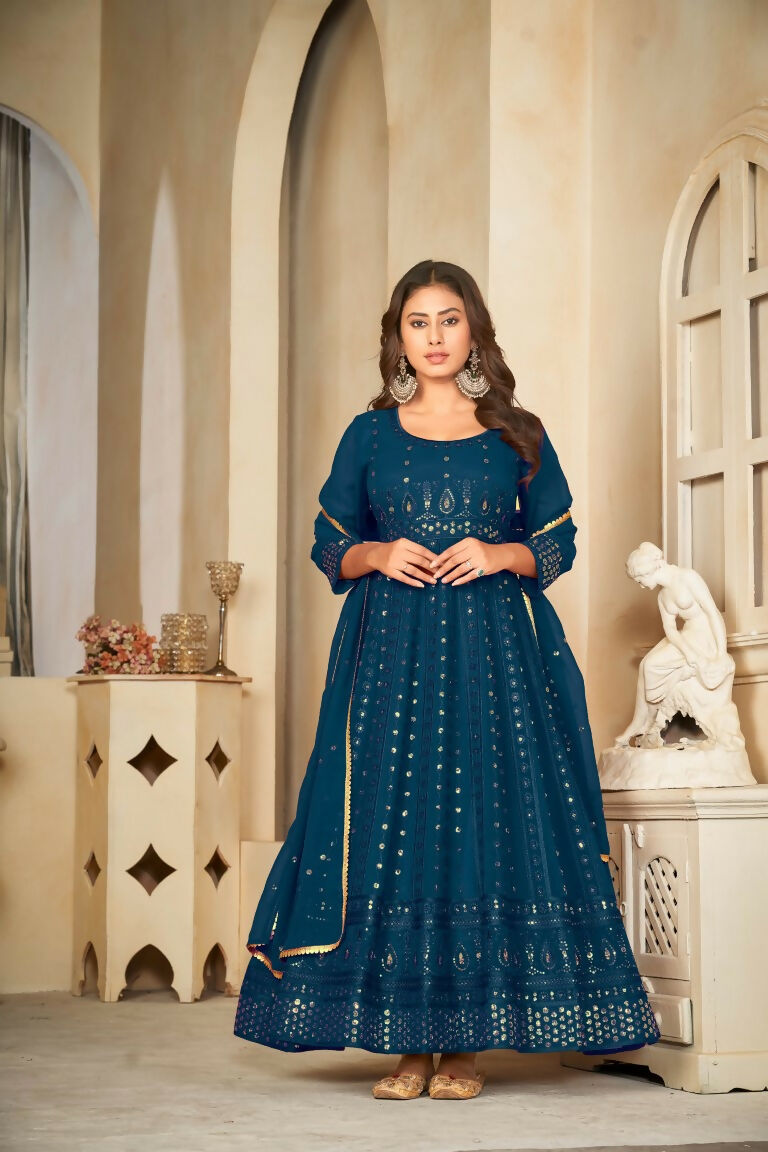 Women's Rama Georgette Embroidered Anarkali Kurta Set