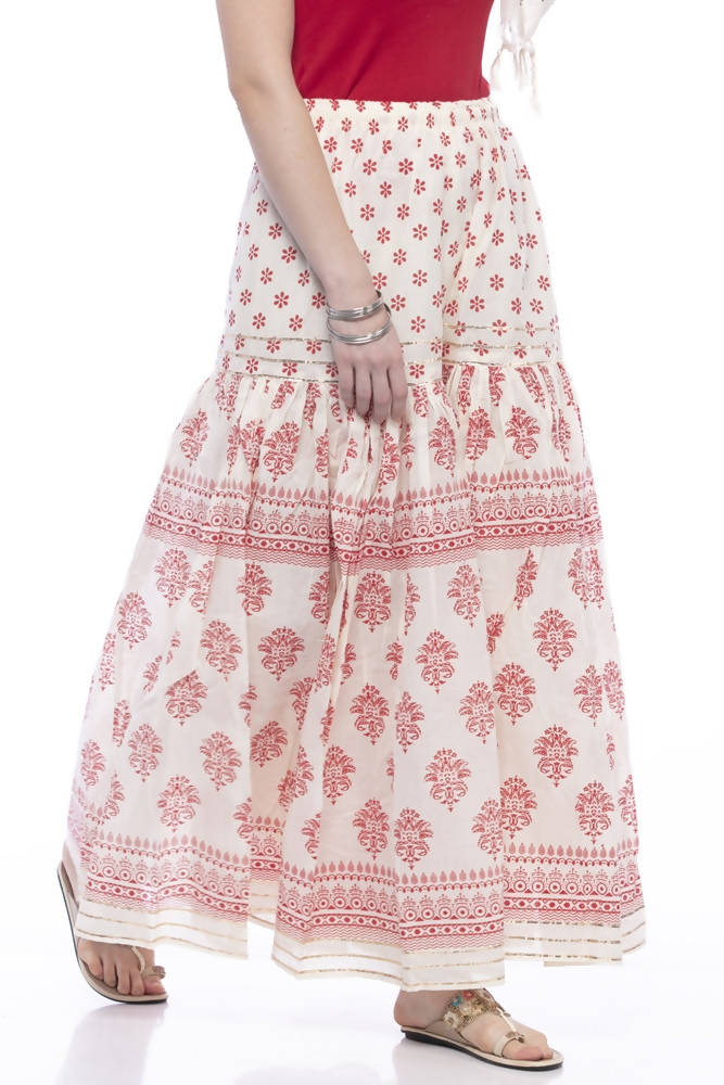 Cotton Block Print Palazzo Pants with Lace Work in Red