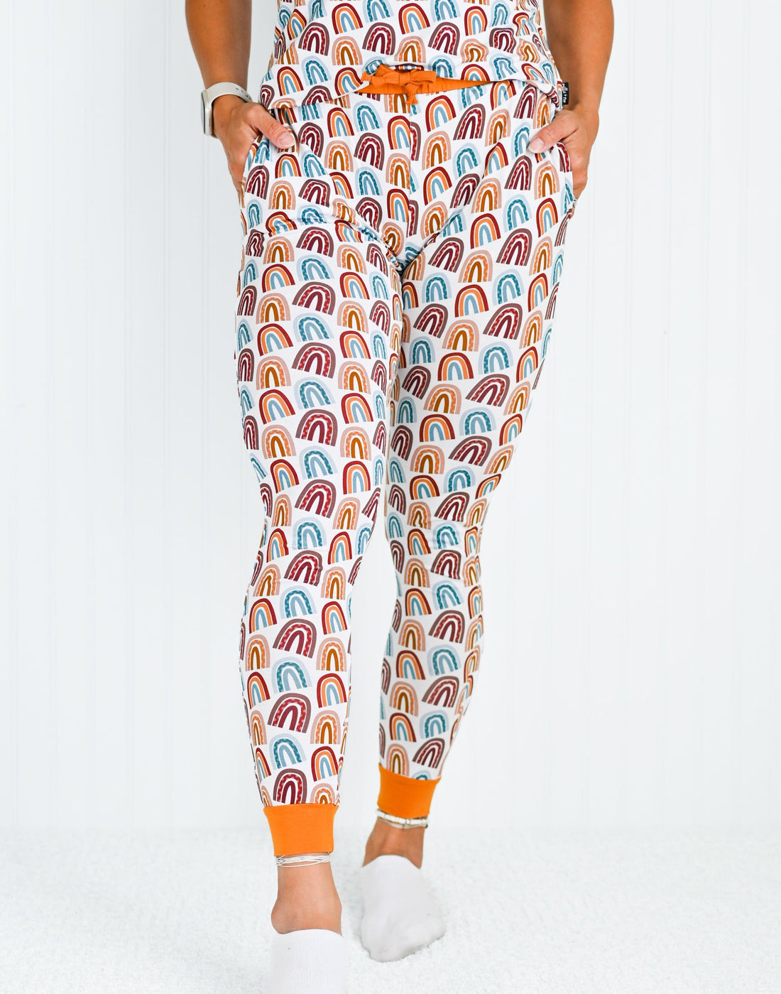 Women's Bamboo Joggers with Neutral Rainbow Print Lounge Pants - Image 5