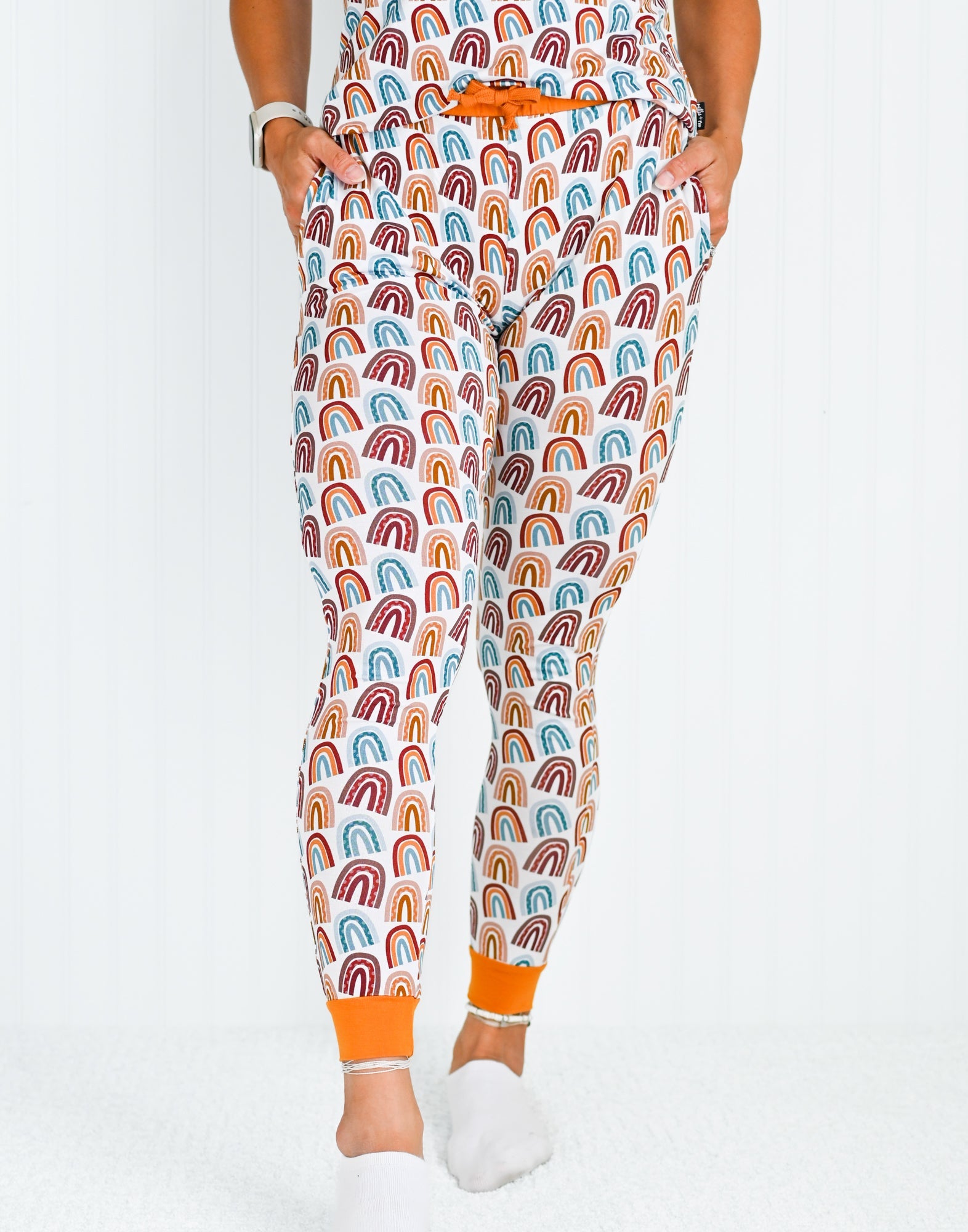 Women's Bamboo Joggers with Neutral Rainbow Print Lounge Pants - Image 5