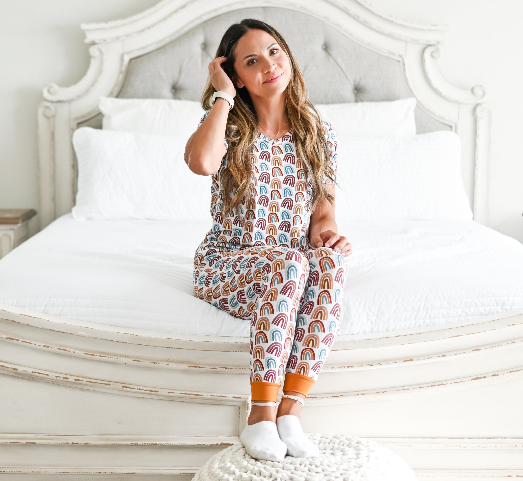 Women's Bamboo Joggers with Neutral Rainbow Print Lounge Pants - Image 3
