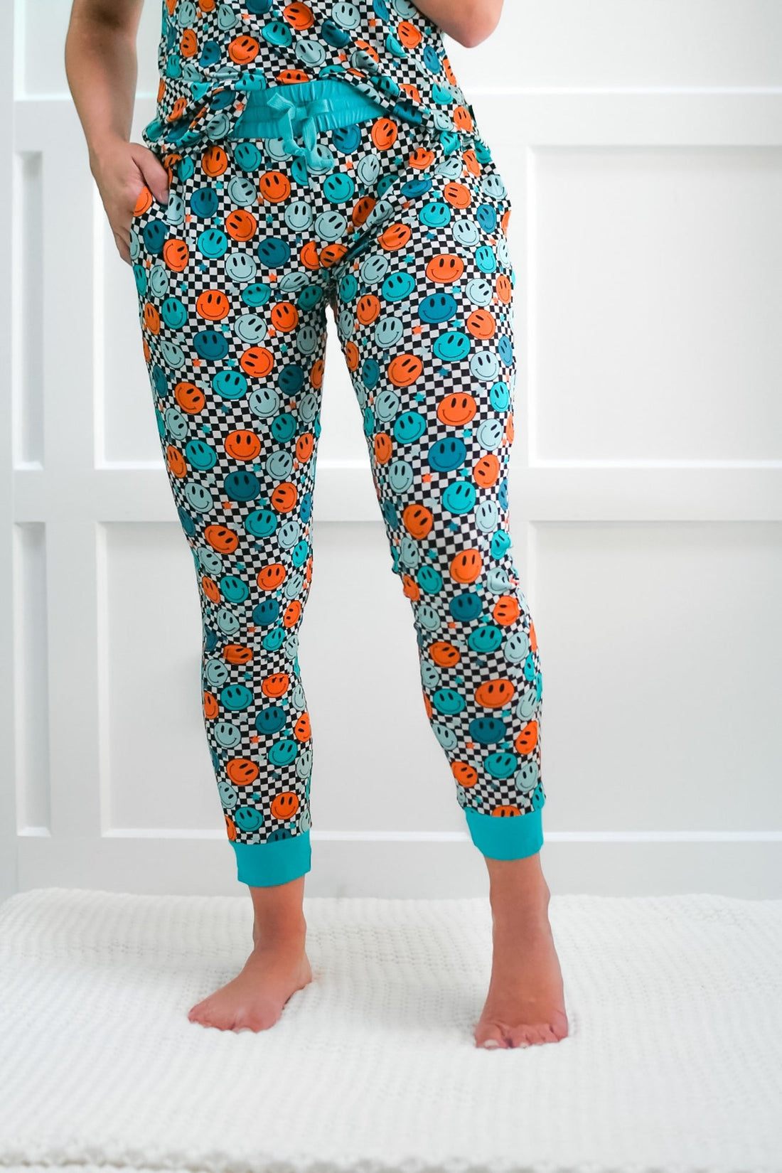 Women's Bamboo Joggers in Blue Smiles Check Print - Image 3