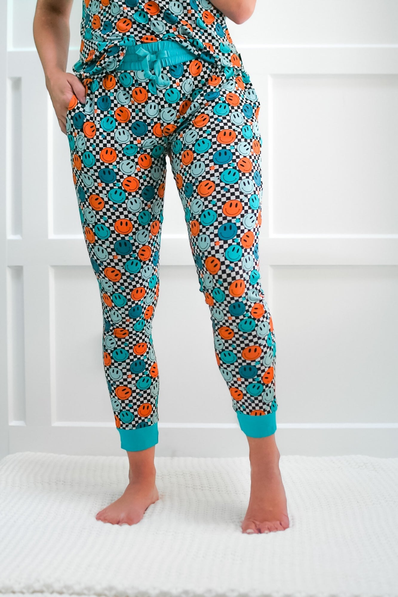 Women's Bamboo Joggers in Blue Smiles Check Print - Image 3
