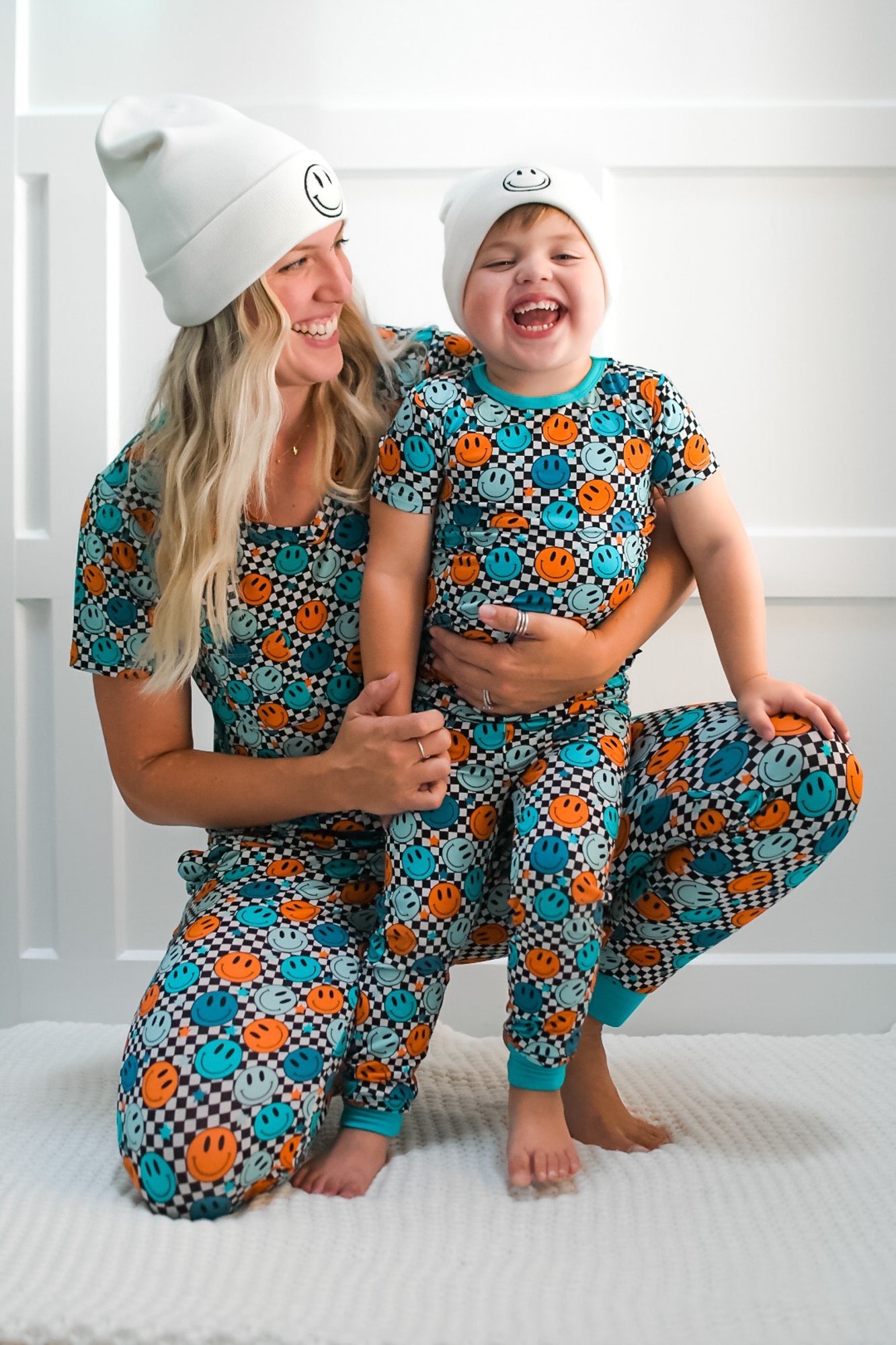 Women's Bamboo Joggers in Blue Smiles Check Print - Image 4
