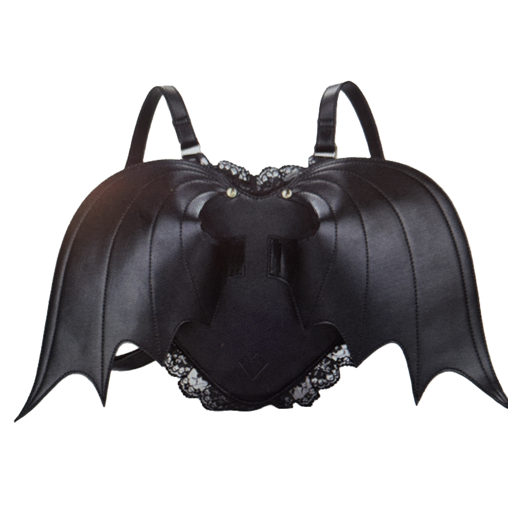 Black faux leather backpack with sculpted bat wings and golden stud eyes