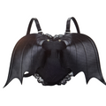 Black faux leather backpack with sculpted bat wings and golden stud eyes