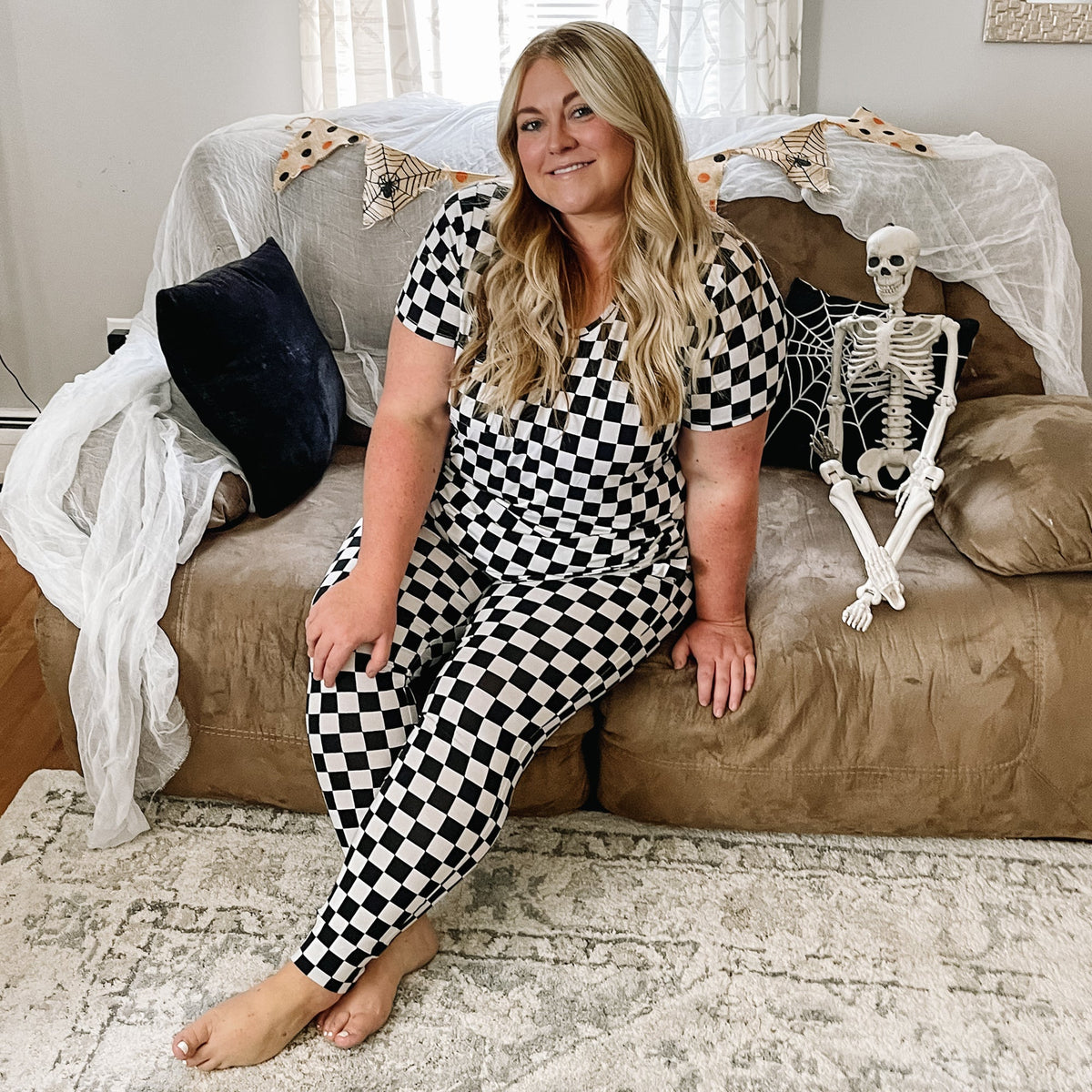 Women's Bamboo Joggers in B+W Check Print - Image 6