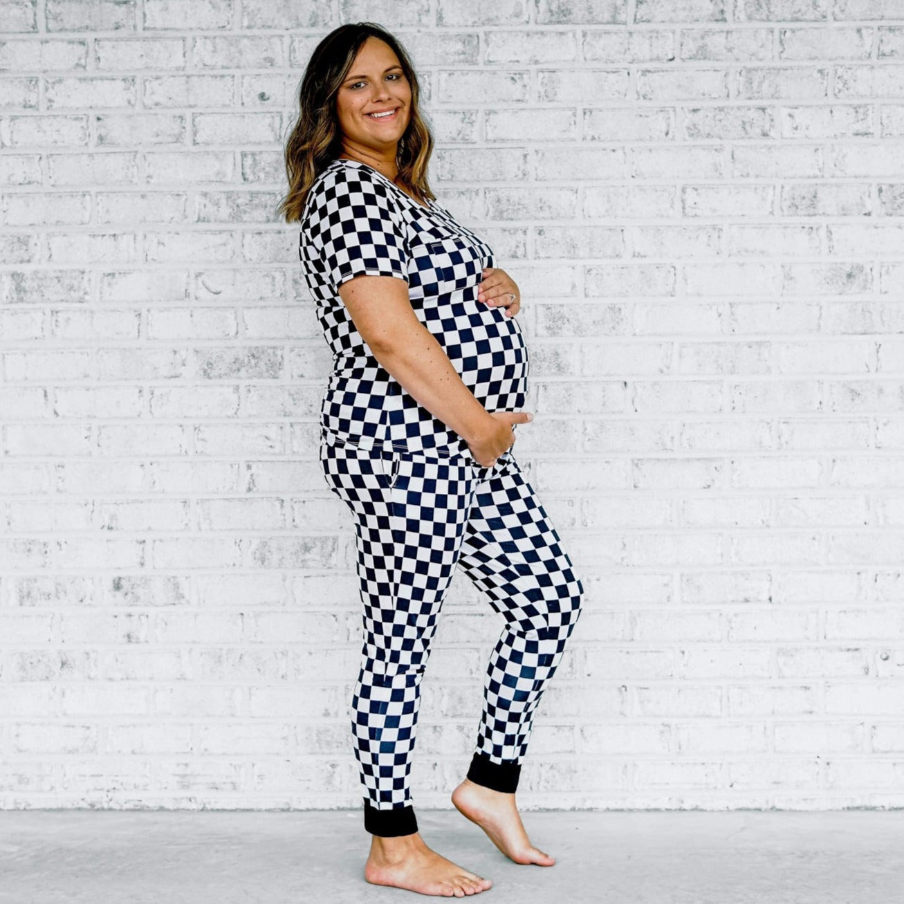 Women's Bamboo Joggers in B+W Check Print - Image 9