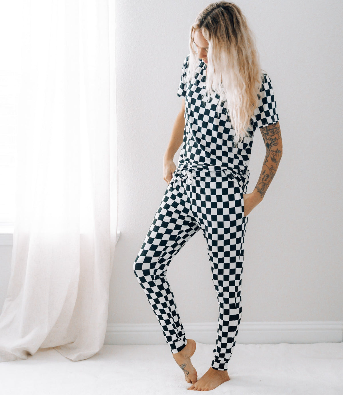 Women's Bamboo Joggers in B+W Check Print - Image 2