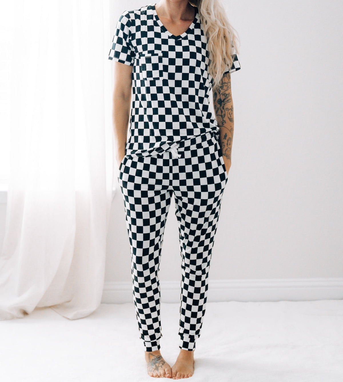 Women's Bamboo Joggers in B+W Check Print - Image 10