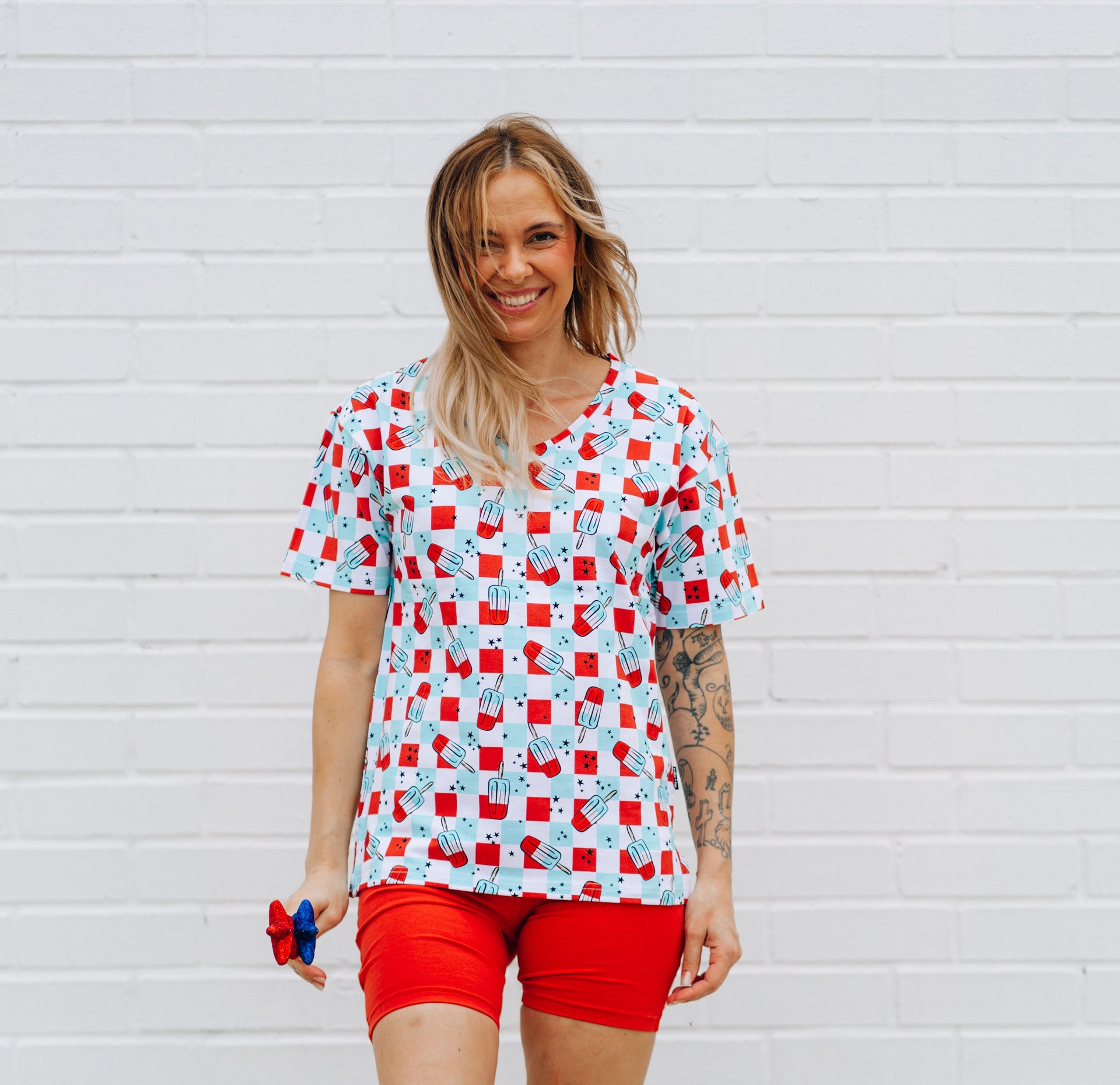 Womens Biker Short Set Patriotic Bomb Pops Print Summer Outfit - Image 6
