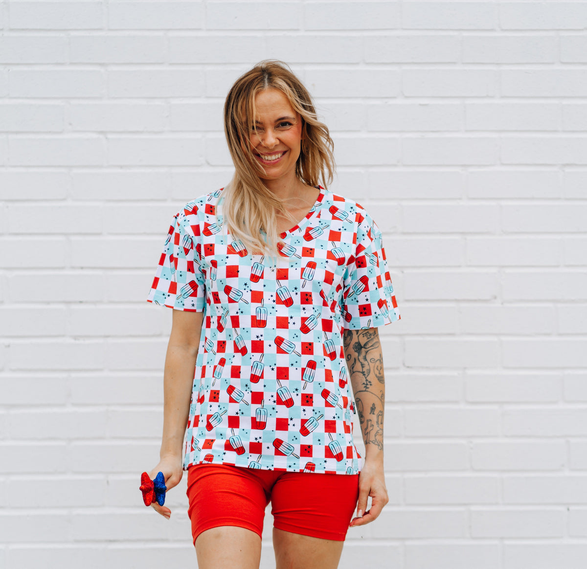 Womens Biker Short Set Patriotic Bomb Pops Print Summer Outfit - Image 6