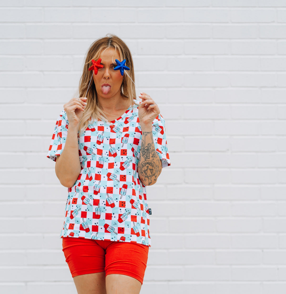 Womens Biker Short Set Patriotic Bomb Pops Print Summer Outfit - Image 2