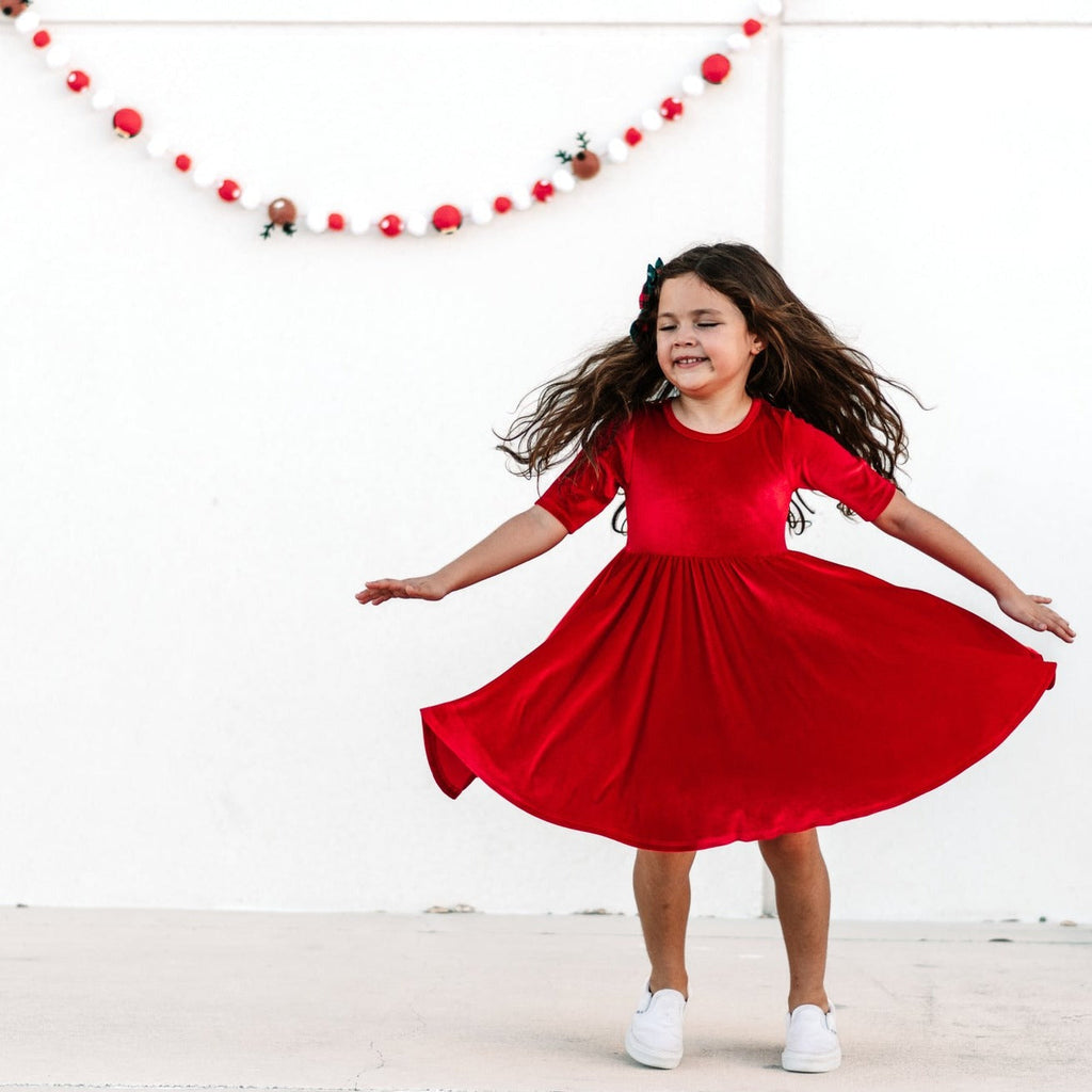 VELVET MID SLEEVE TWIRL- Ruby Red Stretch Velvet Twirl Dress