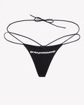 Close up of Kitten, Interrupted strappy black and white G-string with graphic text