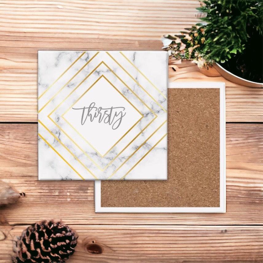 White Marble and Gold Geometric Ceramic Coasters with Cork Back - Image 8