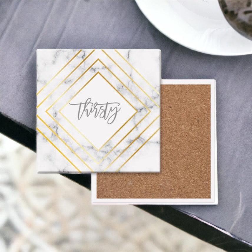 White Marble and Gold Geometric Ceramic Coasters with Cork Back - Image 9