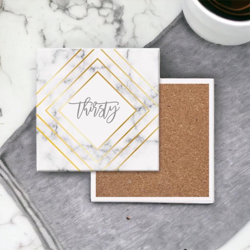 White Marble and Gold Geometric Ceramic Coasters with Cork Back - Image 10