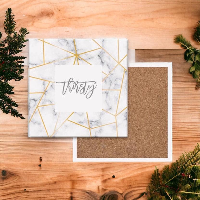 White Marble and Gold Geometric Ceramic Coasters with Cork Back - Image 11