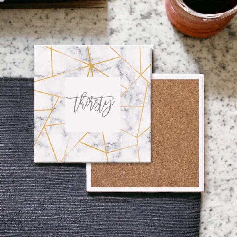 White Marble and Gold Geometric Ceramic Coasters with Cork Back - Image 12