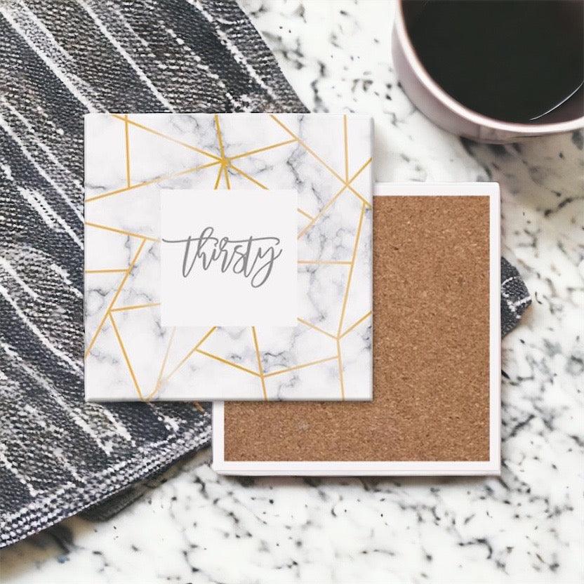 White Marble and Gold Geometric Ceramic Coasters with Cork Back - Image 13