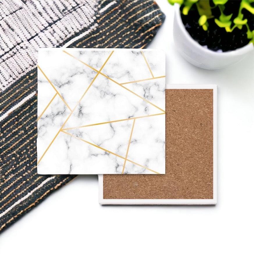 White Marble and Gold Geometric Ceramic Coasters with Cork Back - Image 14
