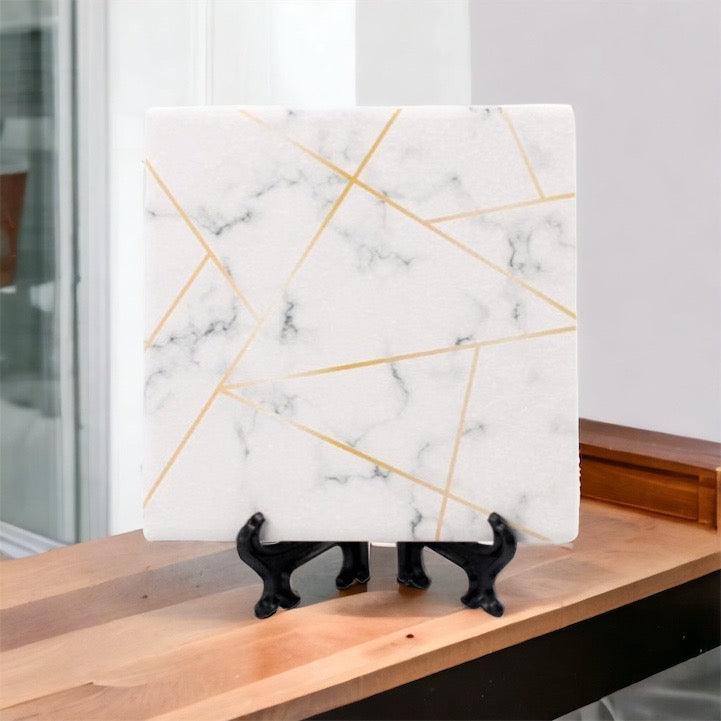White Marble and Gold Geometric Ceramic Coasters with Cork Back - Image 15