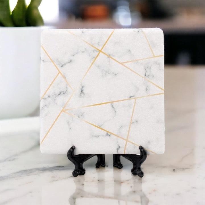 White Marble and Gold Geometric Ceramic Coasters with Cork Back - Image 16