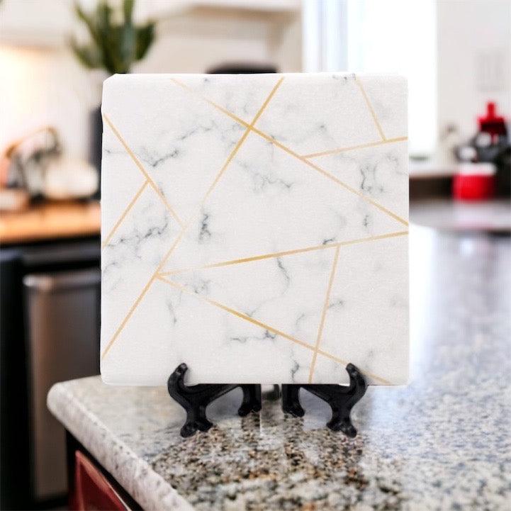 White Marble and Gold Geometric Ceramic Coasters with Cork Back - Image 17
